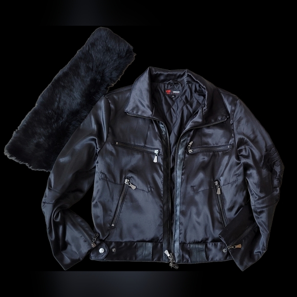 SALE Vintage Versace Sport Satin Bomber Jacket Removable Rabbit Fur Collar! - Picture 2 of 16